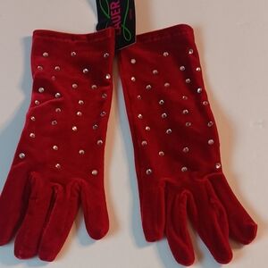 Women's Red RHINSTONE Jeweled Fleece Gloves, O/S, Red